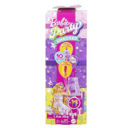 Păpușa Barbie Party Unboxed Reveal blondă cu 10 surprize și cățeluș