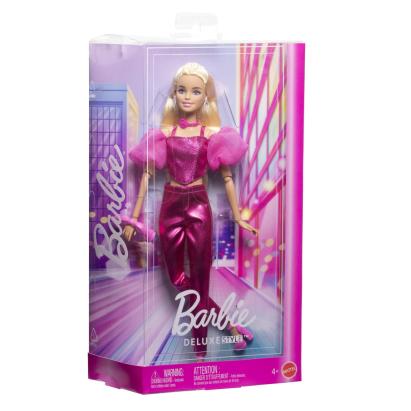 Păpușa Barbie Deluxe Style cu ținută roz metalizat și accesorii