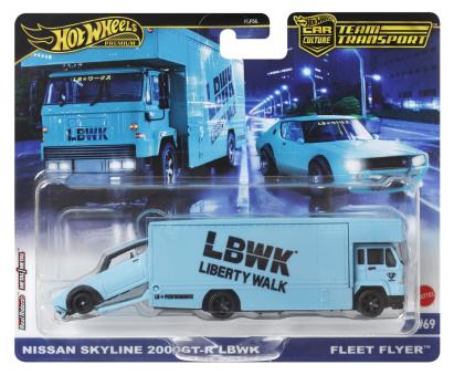 Hot Wheels Fleet Flyer cu Nissan Skyline 2000 GT-R LBWK, scara 1:64