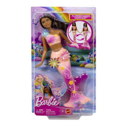 Păpușă Barbie Sirenă Flower Magic cu păr brunet și coadă roz