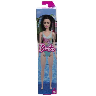 Papusa Barbie bruneta cu costum de baie albastru pentru joaca de vara