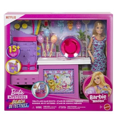 Set Barbie Malibu Detectivi pe plaja cu cabina de jocuri si accesorii