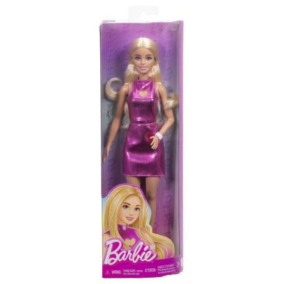 Păpușă Barbie Fashionistas blondă cu rochie roz metalizată