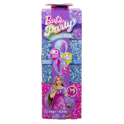 Păpușa Barbie Party Unboxed mov cu 10 accesorii surpriză