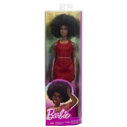 Papusa Barbie Fashionistas cu par afro si rochie rosie, 3+ ani