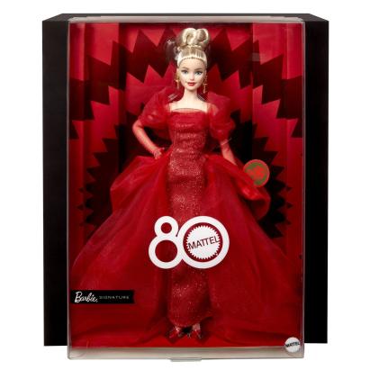 Păpușa Barbie Signature Aniversare 80 de ani, blondă, cu rochie de bal roșie
