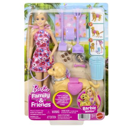 Păpușa Barbie Malibu Plimbare cu cățelul, set cu accesorii interactive