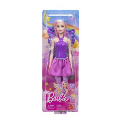 Papusa Barbie Zana cu par roz si aripi colorate, tinuta mov-roz
