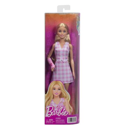 Păpușă Barbie Fashionistas cu ghips la braț, rochie în carouri