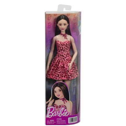 Papusa Barbie Fashionistas bruneta cu rochie roz leopard