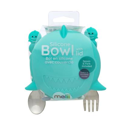 Castronel din silicon cu capac si tacamuri Melii, model rechin, albastru