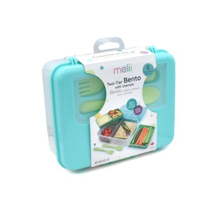 Cutie de prânz bento cu 2 niveluri și tacâmuri Melii Blue Mint Lime