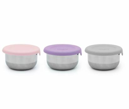 Set 3 recipiente mini din inox cu capac silicon etanș Melii, roz mov gri