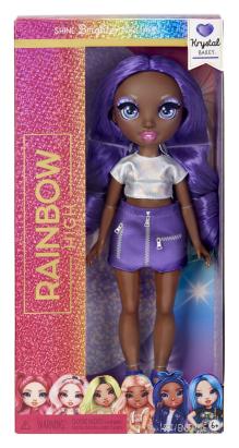 Păpușă fashion Rainbow High Krystal Bailey cu păr mov și ținută modernă