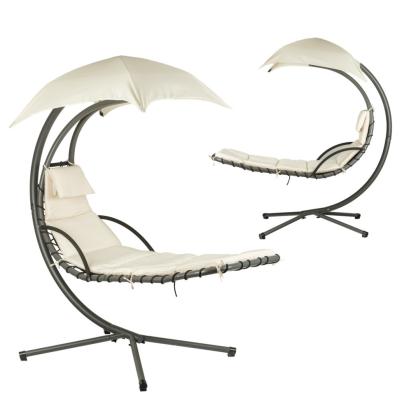 Fotoliu suspendat de gradina bej cu parasolar reglabil si cadru metalic