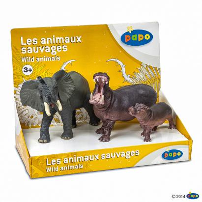 Set figurine animale salbatice Papo cu elefant, hipopotam si pui