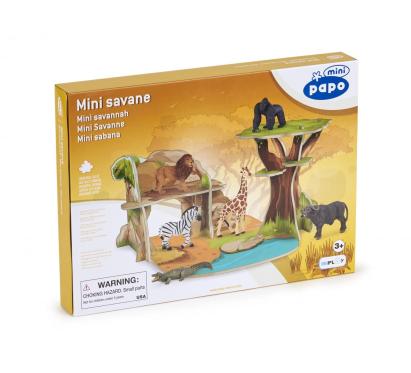 Set mini savană Papo cu decor realist și animale, pentru copii 3+