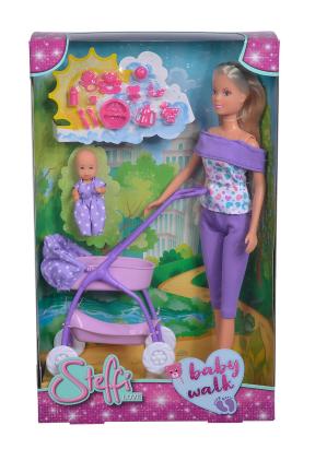 Papusa Steffi cu bebelus, carucior si accesorii, pantaloni mov, 29 cm