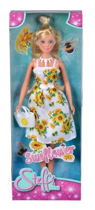 Papusa Steffi cu rochie alba si imprimeu floarea-soarelui, 29 cm