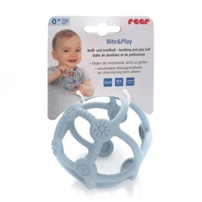 Jucărie pentru dentiție 2 în 1 Reer Bite&Play, silicon, albastră, 0+ luni