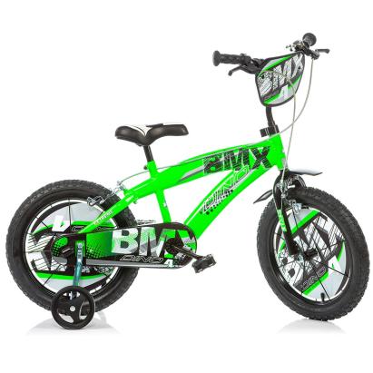 Bicicletă pentru copii BMX Dino Bikes 16 inch, verde, cu roți ajutătoare
