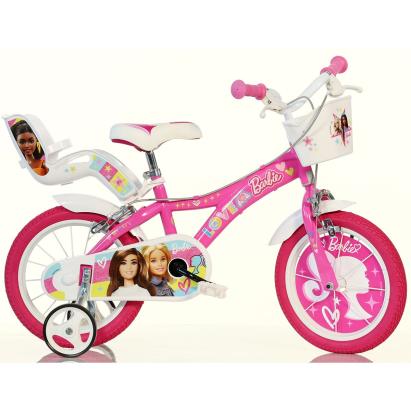 Bicicletă pentru copii Barbie Dino Bikes 14 inch, roz, cu roți ajutătoare