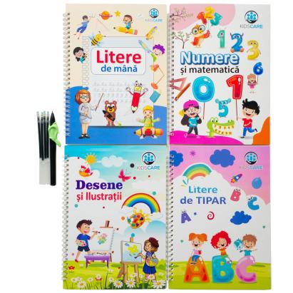 Set 4 Caiete Magice Kidscare in limba romana pentru caligrafie – Litere de Mana, Litere de Tipar, Cifre si Desen, 26x18.5 cm
