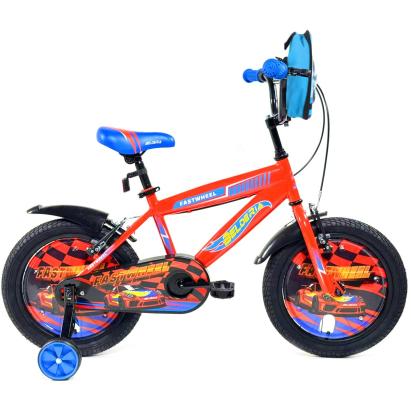 Bicicleta pentru copii 2-4 ani Belderia Fastwheel, roti 12 inch, cu roti ajutatoare si frane V-Brake, orange, cu ghiozdan