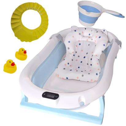 Cadita pliabila pentru bebelusi albastra KidsCare, termometru, perna reductor, jucarii, protectie cap, cana pliabila