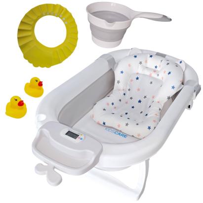 Cadita pliabila gri KidsCare, termometru, perna reductor, jucarii, protectie cap, cana pliabila