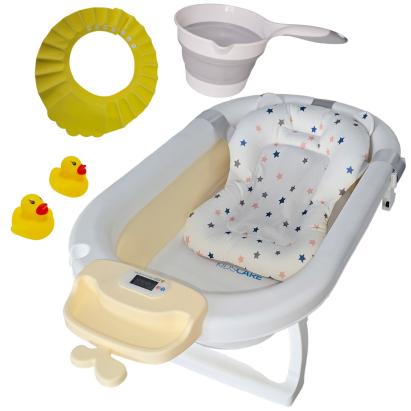 Cadita pliabila bej KidsCare, termometru, perna reductor, jucarii, protectie cap, cana pliabila