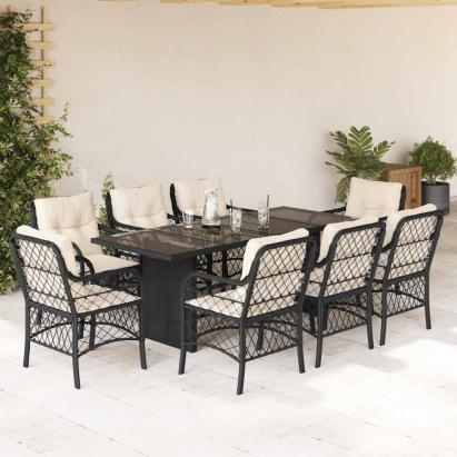 Set mobilier de grădină cu perne, 9 piese, negru, poliratan GartenMobel Dekor