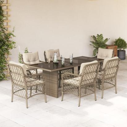 Set de masă pentru grădină, 7 piese, cu perne, bej, poliratan GartenMobel Dekor
