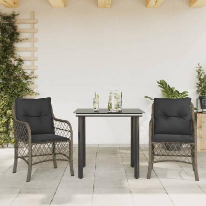 Set bistro de grădină cu perne, 3 piese, gri, poliratan GartenMobel Dekor