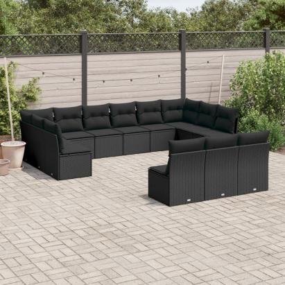 Set mobilier de grădină cu perne, 13 piese, negru, poliratan GartenMobel Dekor