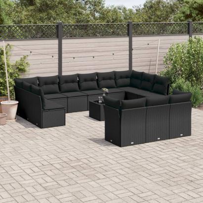 Set mobilier de grădină cu perne, 14 piese, negru, poliratan GartenMobel Dekor