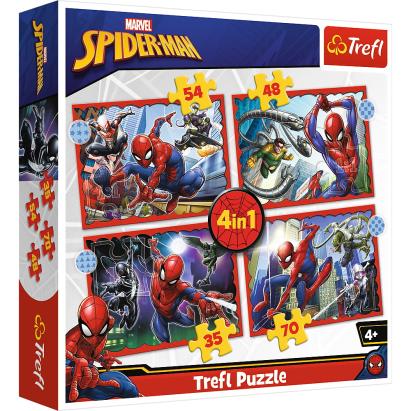 Puzzle Trefl 4 în 1 Spiderman pentru copii 4+ cu 35, 48, 54 și 70 piese