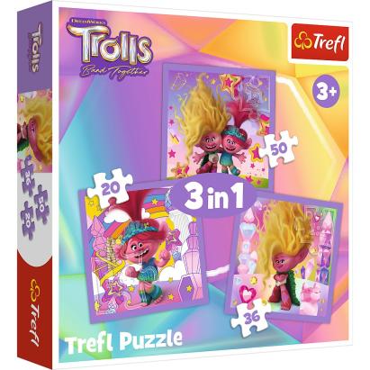Puzzle Trefl 3 în 1 Trolls pentru copii, multicolor, 20/36/50 piese