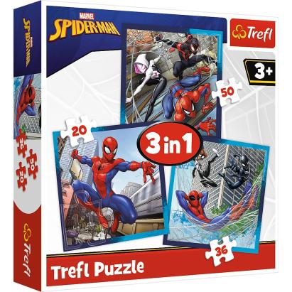 Puzzle 3 in 1 Trefl Marvel Spider-Man pentru copii, 20/36/50 piese