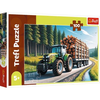 Puzzle Trefl cu 100 piese, Tractor forestier cu lemne, 5+ ani