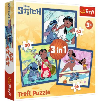 Puzzle Trefl 3 in 1 Disney Stitch pentru copii 3+ ani, multicolor