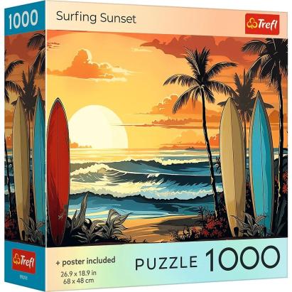 Puzzle Trefl 1000 piese Surfing Sunset, colectia SUA, cu poster inclus