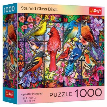 Puzzle Trefl 1000 piese Păsări din vitraliu, cu poster inclus