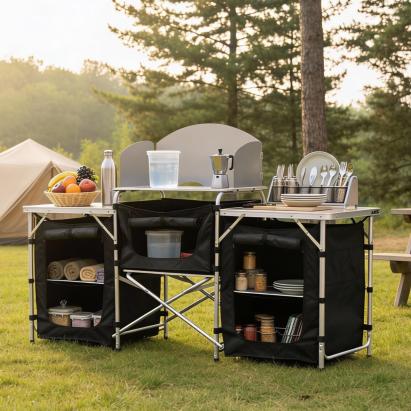 Bucatarie de camping pliabila cu 3 blaturi, cadru aluminiu, portabila pentru exterior, 175x40x111 cm Household NewTrend