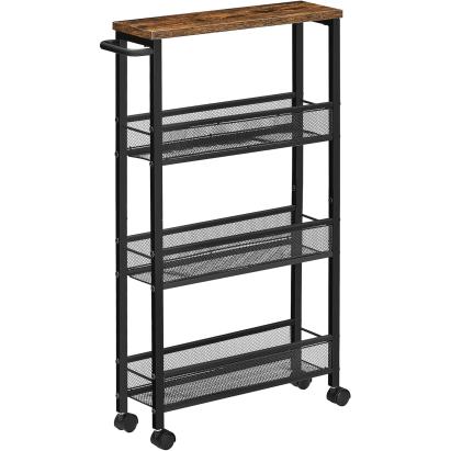 VASAGLE Carucior de bucatarie ingust cu roti, 4 niveluri, cadru metalic, 13x47x77 cm, maro rustic Household NewTrend