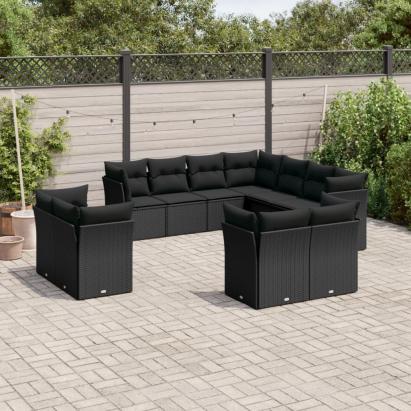 Set canapele de grădină cu perne, 11 piese, negru, poliratan GartenMobel Dekor