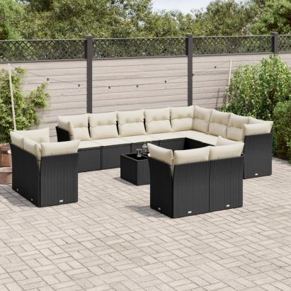 Set mobilier de grădină cu perne, 13 piese, negru, poliratan GartenMobel Dekor