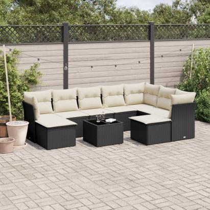 Set canapele de grădină cu perne, 10 piese, negru, poliratan GartenMobel Dekor