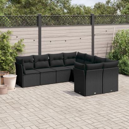 Set mobilier de grădină cu perne, 8 piese, negru, poliratan GartenMobel Dekor