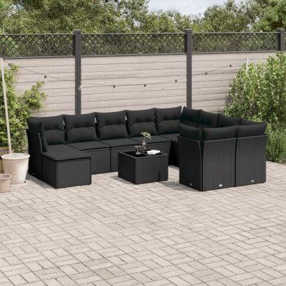 Set canapele de grădină cu perne, 11 piese, negru, poliratan GartenMobel Dekor